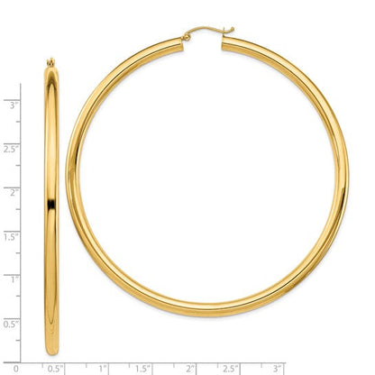 14k yellow gold 3.15 inch diameter extra large giant gigantic round classic hoop earrings lightweight 80mm x 4mm