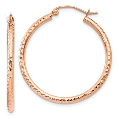 14k rose gold 30mm x 2mm diamond cut round hoop earrings