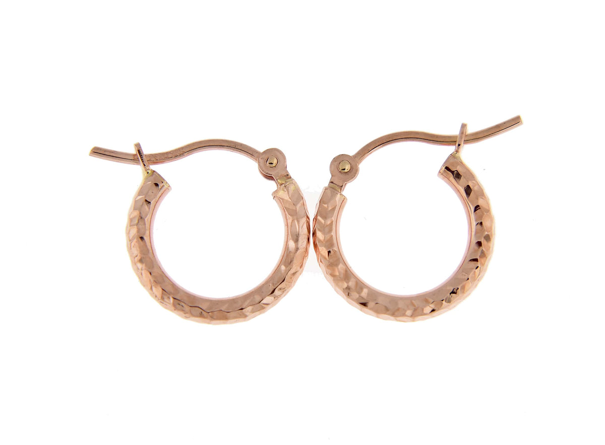 14k rose gold diamond cut textured classic round hoop earrings 13mm x 2mm