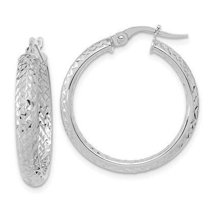 14k white gold diamond cut inside outside round hoop earrings 25mm x 3.75mm