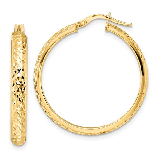 14k yellow gold diamond cut round hoop earrings 28mm x 4mm