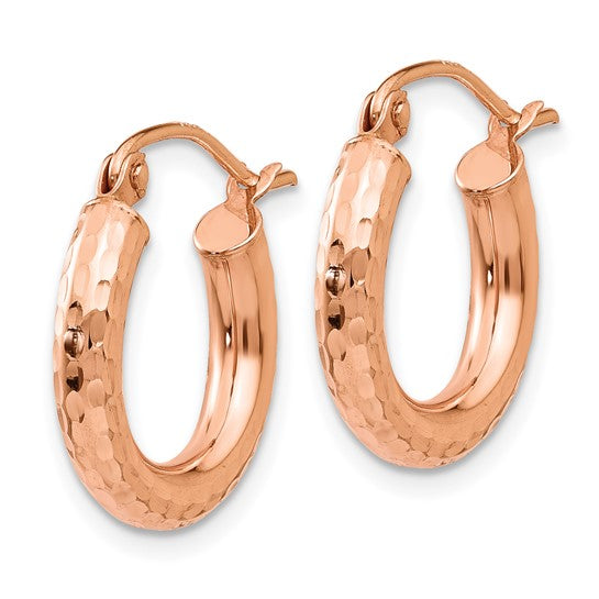 14k rose gold diamond cut textured classic round hoop earrings 15mm x 3mm