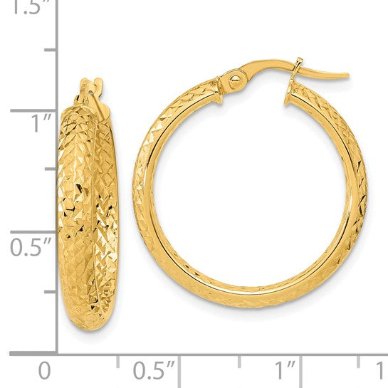 14k Yellow Gold Diamond Cut Inside Outside Round Hoop Earrings 25mm x 3.75mm