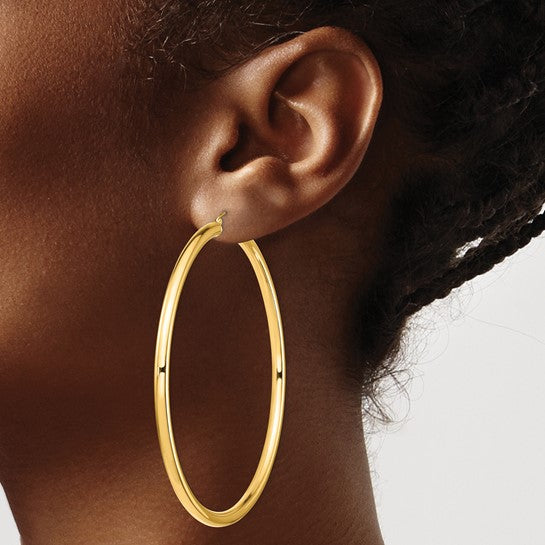 14k yellow gold 3.15 inch diameter extra large giant gigantic round classic hoop earrings lightweight 80mm x 4mm