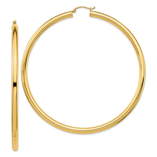 14k yellow gold 3.15 inch diameter extra large giant gigantic round classic hoop earrings lightweight 80mm x 4mm