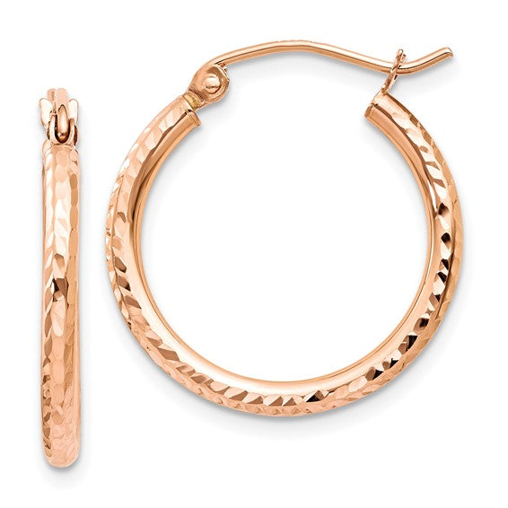 14k rose gold diamond cut textured classic round hoop earrings 20mm x 2mm