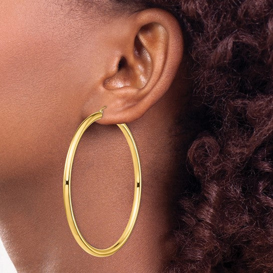 14k yellow gold 3.15 inch diameter extra large giant gigantic round classic hoop earrings 80mm x 4mm