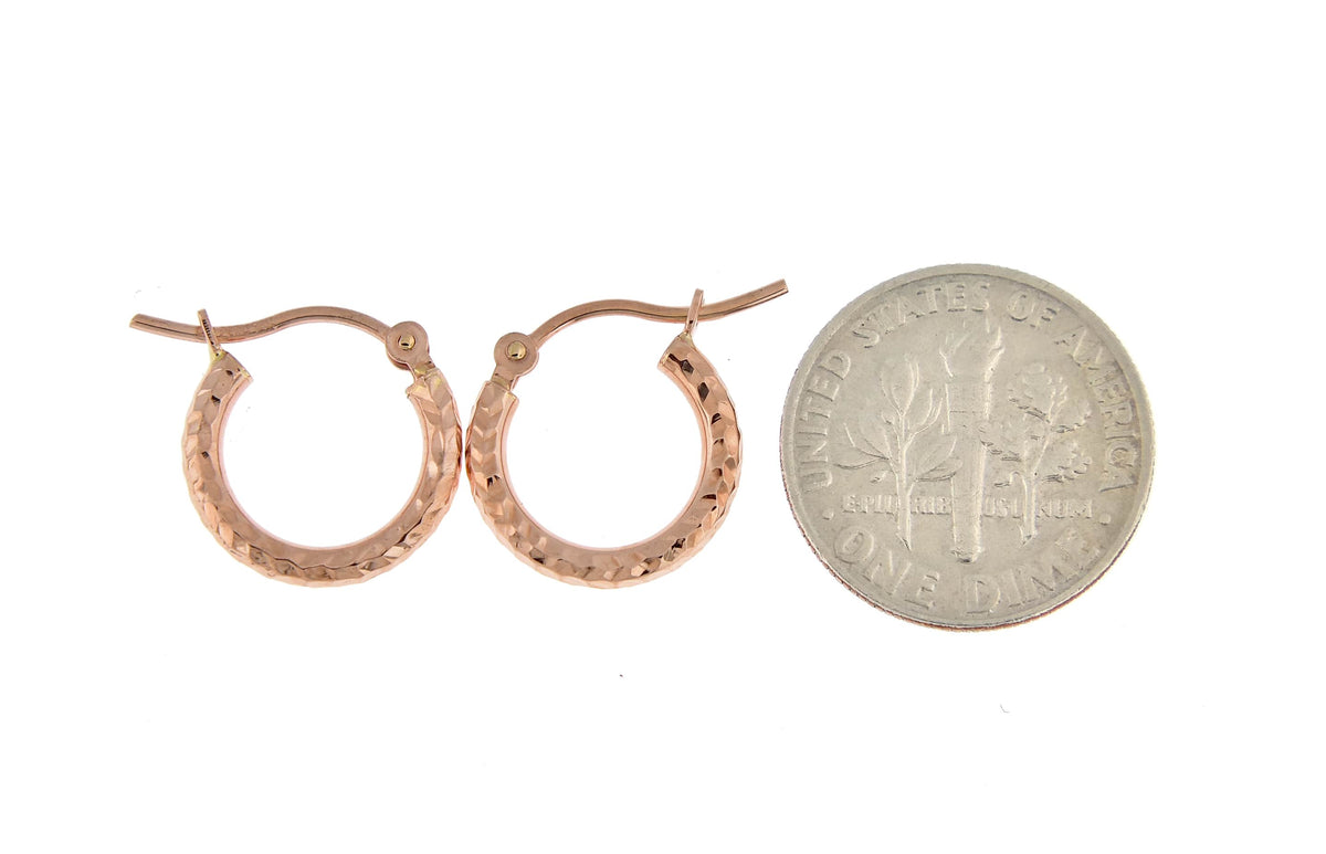 14k rose gold diamond cut textured classic round hoop earrings 13mm x 2mm