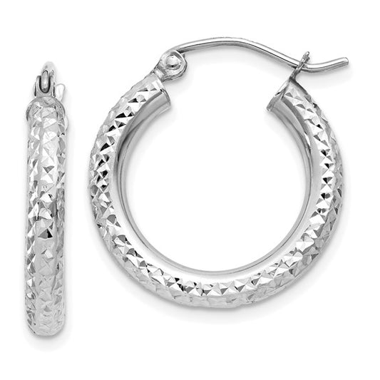 14k white gold diamond cut classic round diameter hoop textured earrings 19mm x 3mm