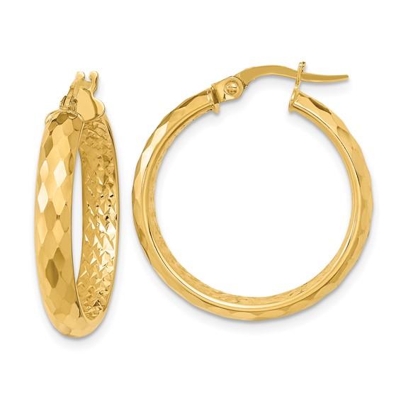 14k yellow gold diamond cut inside outside round hoop earrings 25mm x 3.75mm