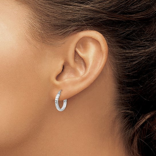14k White Gold Diamond Cut Round Hoop Earrings 15mm x 2.5mm