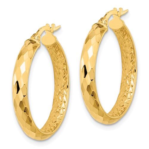 14k yellow gold diamond cut inside outside round hoop earrings 25mm x 3.75mm