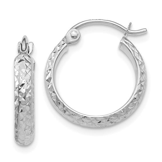 14k white gold diamond cut round hoop earrings 15mm x 2.5mm
