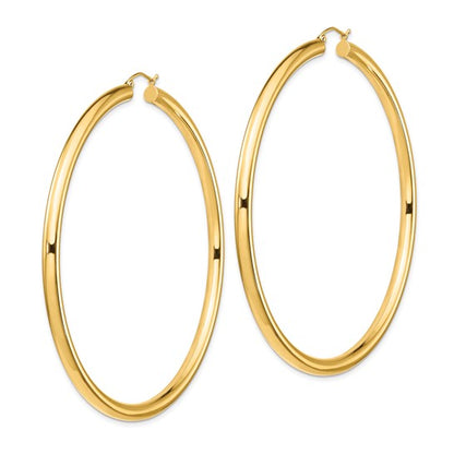 14k yellow gold 3.15 inch diameter extra large giant gigantic round classic hoop earrings 80mm x 4mm