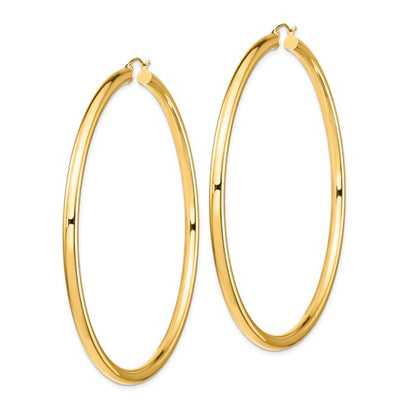 14k yellow gold 3.15 inch diameter extra large giant gigantic round classic hoop earrings lightweight 80mm x 4mm