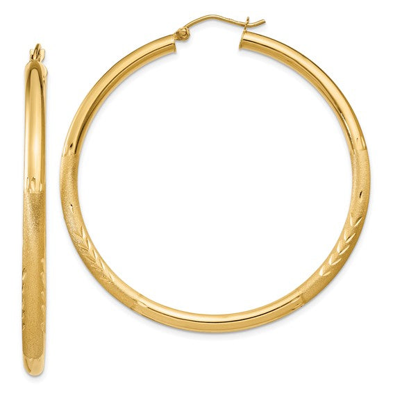 10k yellow gold satin diamond cut round hoop earrings 50mm x 3mm