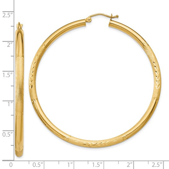 10k yellow gold satin diamond cut round hoop earrings 56mm x 3mm