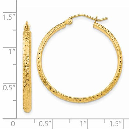 14k yellow gold diamond cut round hoop earrings 30mm x 2.5mm