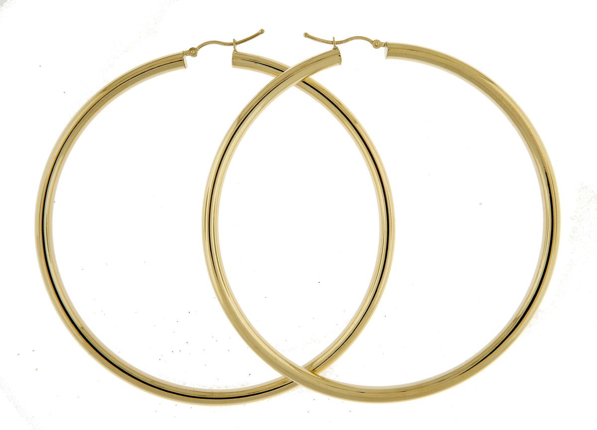 14k yellow gold 3.15 inch diameter extra large giant gigantic round classic hoop earrings 80mm x 4mm
