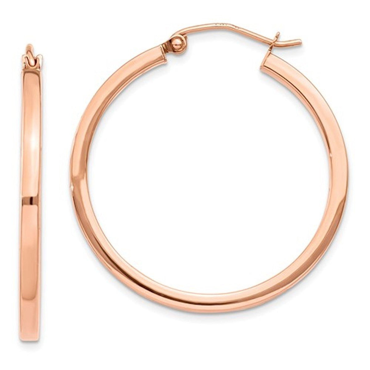14k rose gold classic square tube round hoop earrings 30mm x 2mm