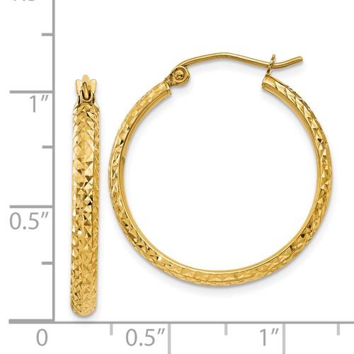 14k yellow gold diamond cut round hoop earrings 25mm x 2.5mm