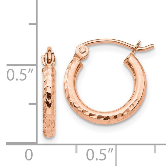 14k rose gold diamond cut textured classic round hoop earrings 13mm x 2mm