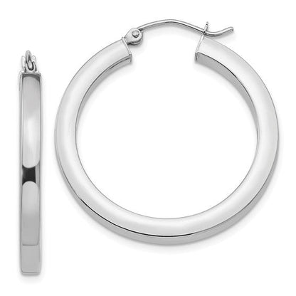10k white gold classic square tube round hoop earrings 31mm x 3mm