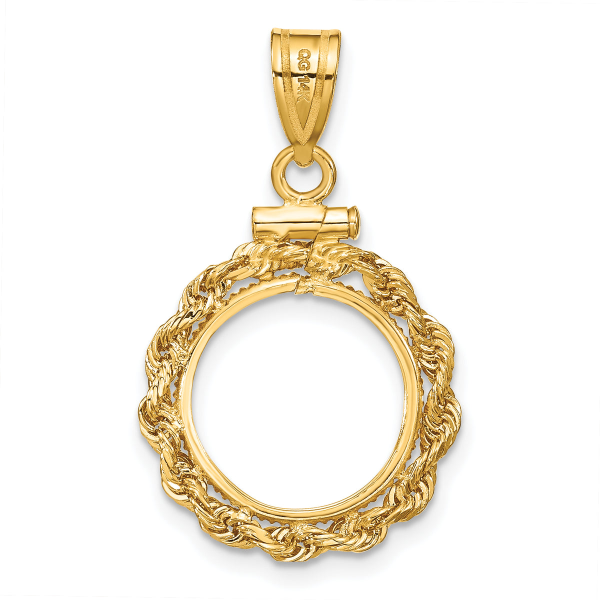 14K Yellow Gold 13 mm Coin Bezel Holder Pendant Charm Diamond Cut Rope Edge US $1 Dollar Type 1 and 2 Peso Screw Top