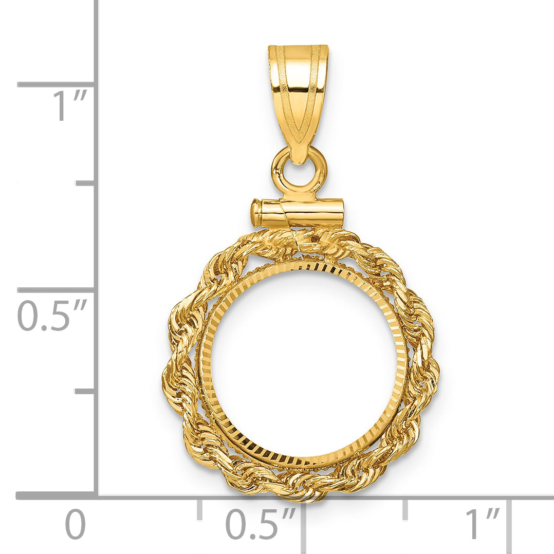 14K Yellow Gold 13 mm Coin Bezel Holder Pendant Charm Diamond Cut Rope Edge US $1 Dollar Type 1 and 2 Peso Screw Top