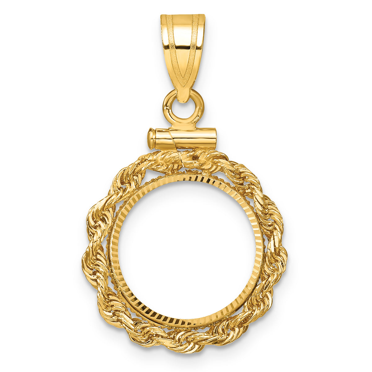 14K Yellow Gold 13 mm Coin Bezel Holder Pendant Charm Diamond Cut Rope Edge US $1 Dollar Type 1 and 2 Peso Screw Top
