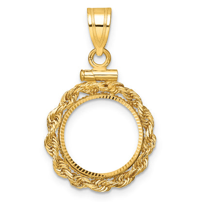 14K Yellow Gold 13 mm Coin Bezel Holder Pendant Charm Diamond Cut Rope Edge US $1 Dollar Type 1 and 2 Peso Screw Top