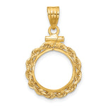 Indlæs billede til gallerivisning 14K Yellow Gold 14 mm Coin Bezel Holder Pendant Charm Diamond Cut Rope Edge 1/20 oz Maple Leaf Panda Kangaroo 1/25 oz Cat Screw Top
