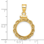 Indlæs billede til gallerivisning 14K Yellow Gold 14 mm Coin Bezel Holder Pendant Charm Diamond Cut Rope Edge 1/20 oz Maple Leaf Panda Kangaroo 1/25 oz Cat Screw Top
