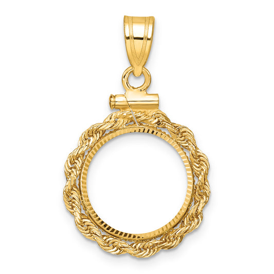 14K Yellow Gold 14 mm Coin Bezel Holder Pendant Charm Diamond Cut Rope Edge 1/20 oz Maple Leaf Panda Kangaroo 1/25 oz Cat Screw Top