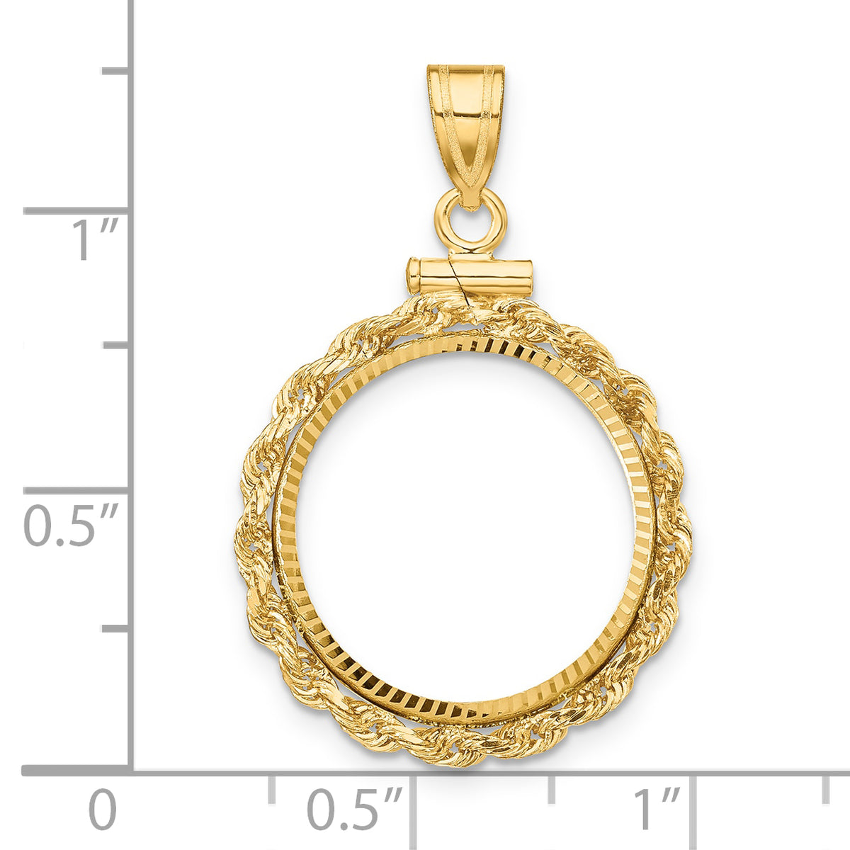 14K Yellow Gold 17.8 mm Coin Bezel Holder Pendant Charm Diamond Cut Rope Edge US $2.50 Dollar Liberty Indian Barber Dime Mercury Dime Screw Top