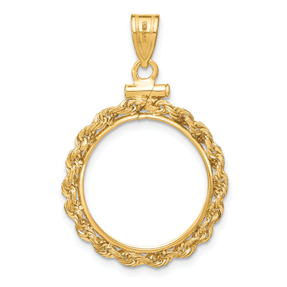 14K Yellow Gold 18 mm Coin Bezel Holder Pendant Charm Diamond Cut Rope Edge US Dime 1/10 oz Panda Cat Screw Top
