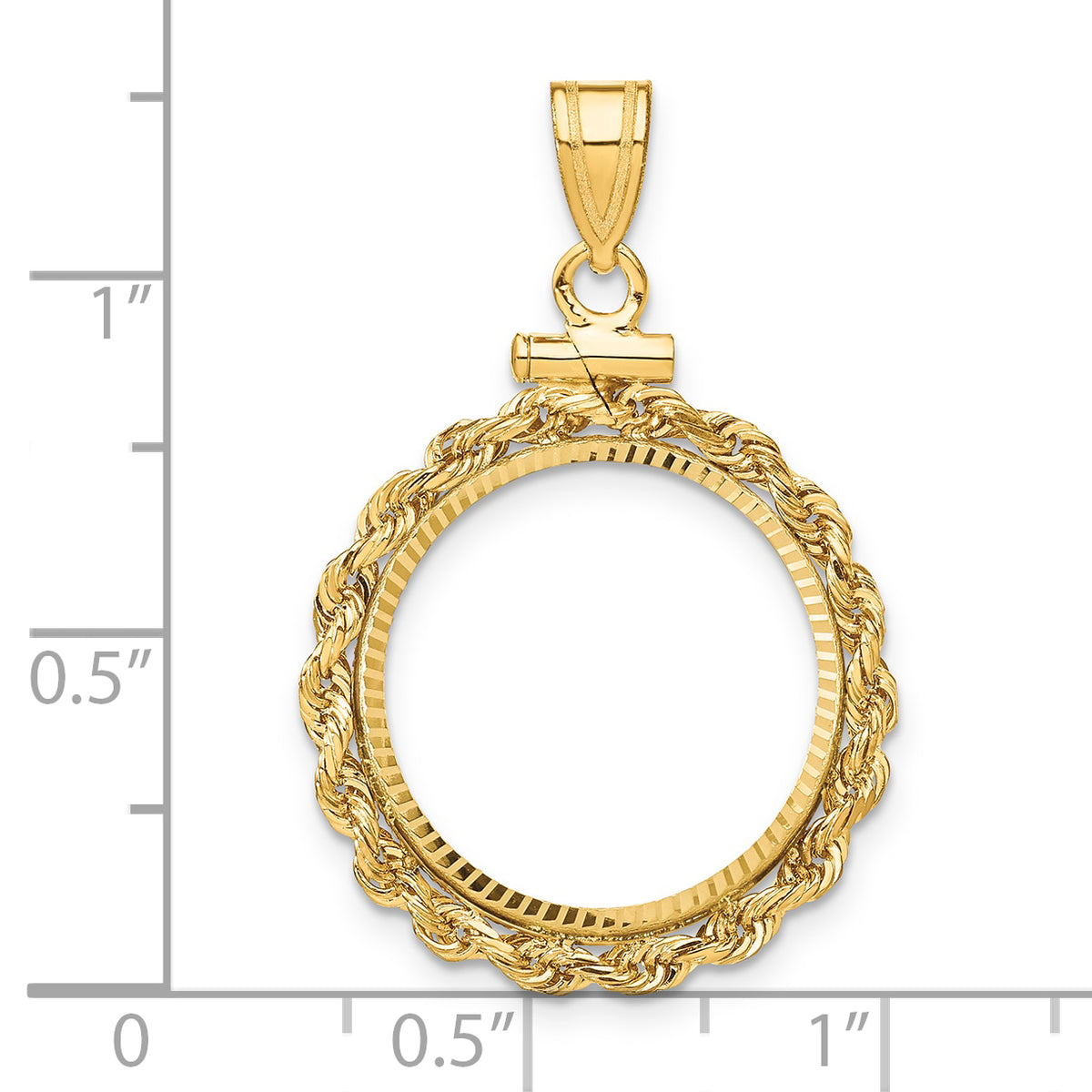 14K Yellow Gold 18 mm Coin Bezel Holder Pendant Charm Diamond Cut Rope Edge US Dime 1/10 oz Panda Cat Screw Top