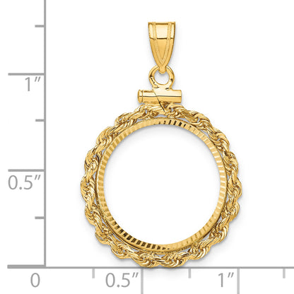 14K Yellow Gold 18 mm Coin Bezel Holder Pendant Charm Diamond Cut Rope Edge US Dime 1/10 oz Panda Cat Screw Top