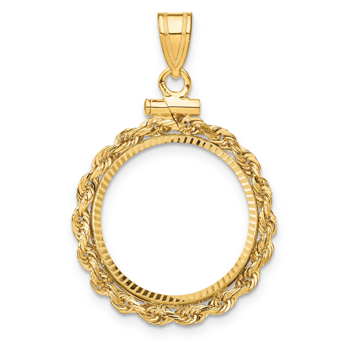 14K Yellow Gold 18 mm Coin Bezel Holder Pendant Charm Diamond Cut Rope Edge US Dime 1/10 oz Panda Cat Screw Top