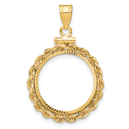 14K Yellow Gold 18 mm Coin Bezel Holder Pendant Charm Diamond Cut Rope Edge US Dime 1/10 oz Panda Cat Screw Top