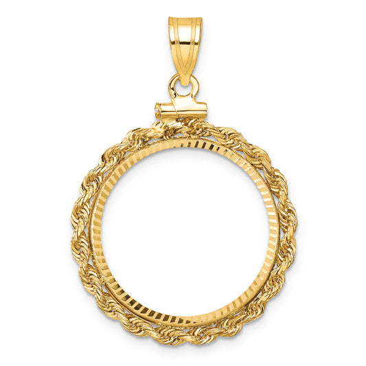 14K Yellow Gold 21.6 mm Coin Bezel Holder Pendant Charm Diamond Cut Rope Edge US $5 Dollar Liberty Indian Statue of Liberty Bald Eagle Congressional Screw Top