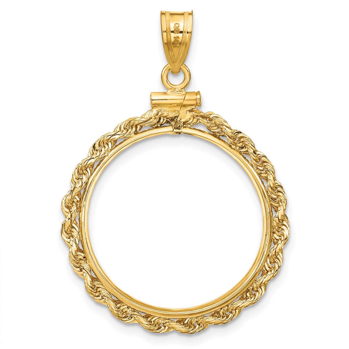 14K Yellow Gold 22 mm Coin Bezel Holder Pendant Charm Diamond Cut Rope Edge 1/4 oz American Eagle Panda 2 Rand US $5 Jamestown Screw Top