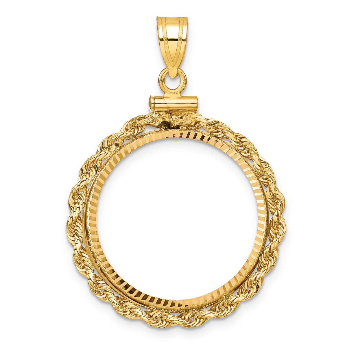 14K Yellow Gold 22 mm Coin Bezel Holder Pendant Charm Diamond Cut Rope Edge 1/4 oz American Eagle Panda 2 Rand US $5 Jamestown Screw Top