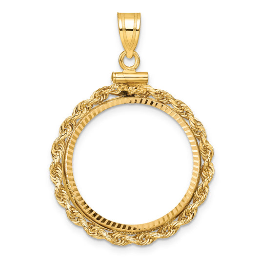 14K Yellow Gold 22 mm Coin Bezel Holder Pendant Charm Diamond Cut Rope Edge 1/4 oz American Eagle Panda 2 Rand US $5 Jamestown Screw Top
