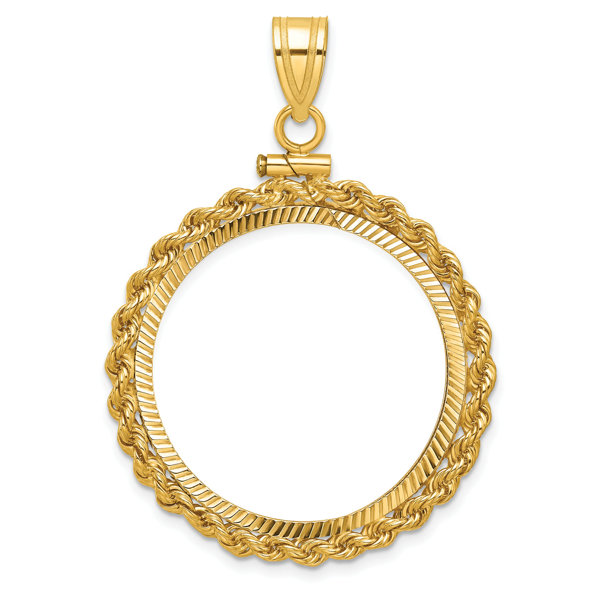 14K Yellow Gold 27 mm Coin Bezel Holder Pendant Charm Diamond Cut Rope Edge 1/2 oz American Eagle Panda US $10 Dollar Liberty Indian Screw Top