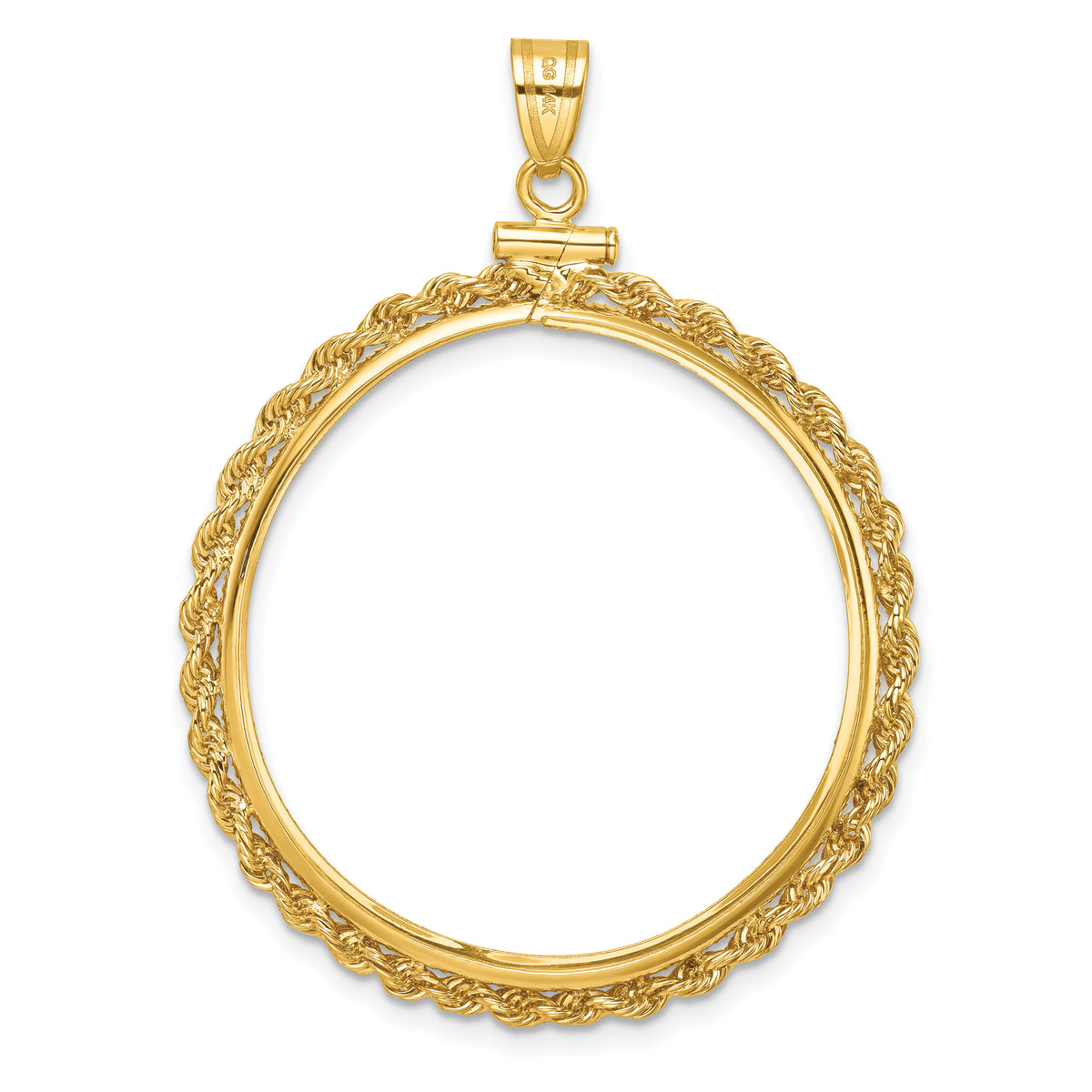 14K Yellow Gold 32 mm Coin Bezel Holder Pendant Charm Diamond Cut Rope Edge Old US Series 1 oz Panda Australian Nugget Kangaroo Koala Screw Top