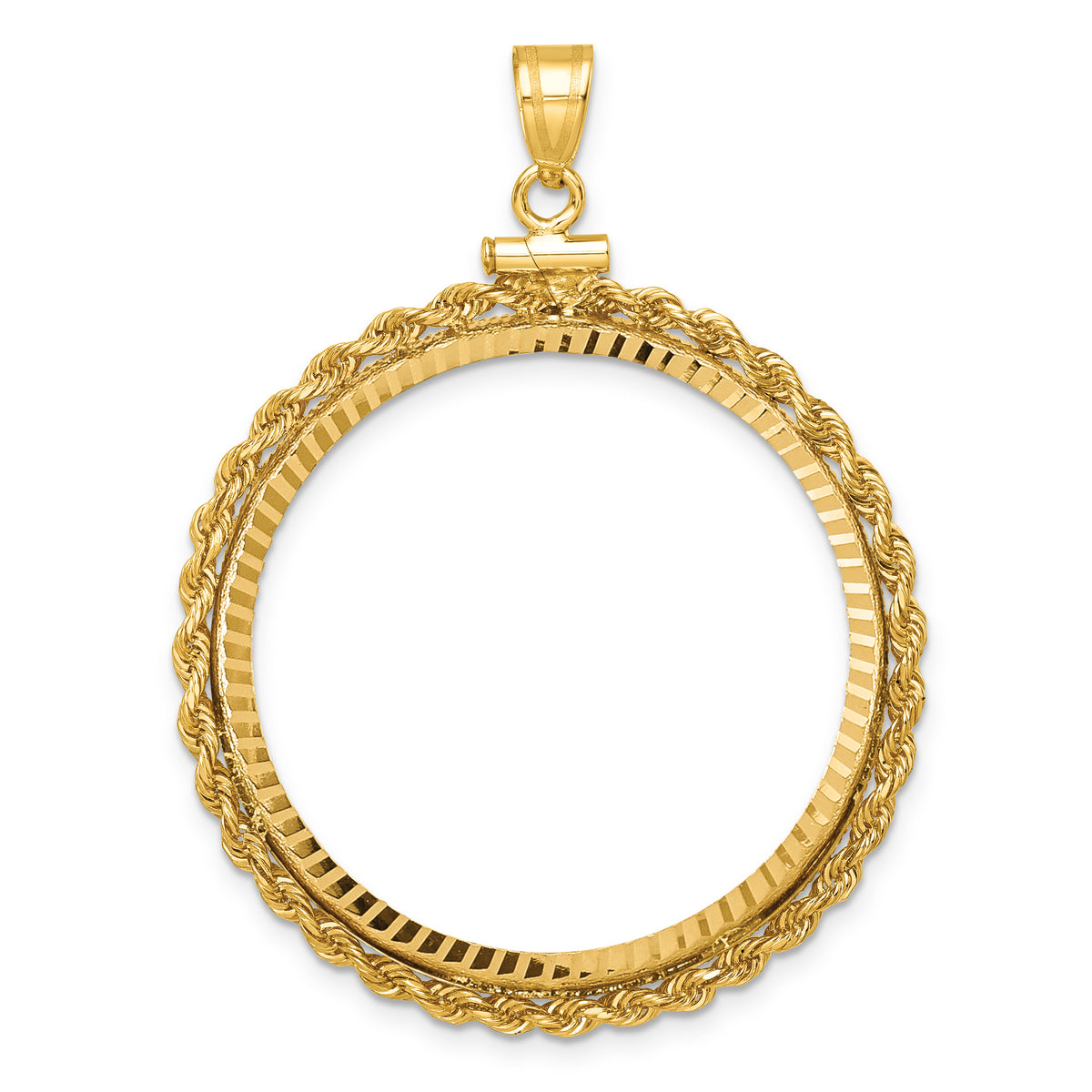 14K Yellow Gold 32 mm Coin Bezel Holder Pendant Charm Diamond Cut Rope Edge Old US Series 1 oz Panda Australian Nugget Kangaroo Koala Screw Top
