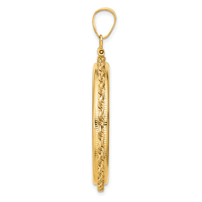 14K Yellow Gold 32.7 mm Coin Bezel Holder Pendant Charm Diamond Cut Rope Edge 1 oz American Eagle Cat Krugerrand Screw Top
