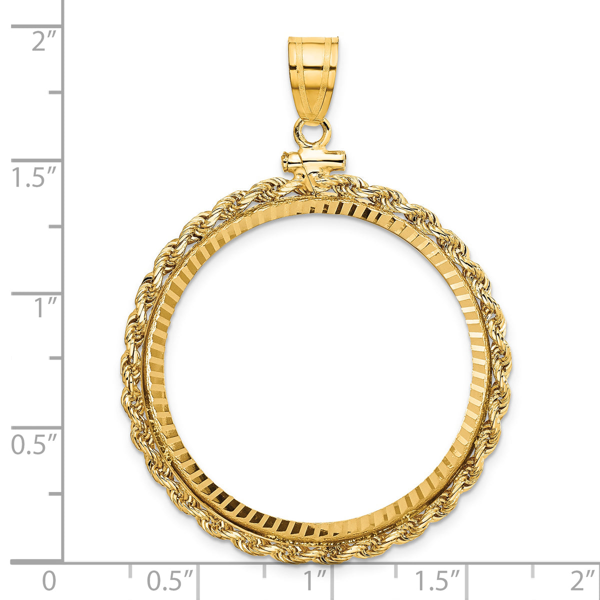 14K Yellow Gold 32.7 mm Coin Bezel Holder Pendant Charm Diamond Cut Rope Edge 1 oz American Eagle Cat Krugerrand Screw Top