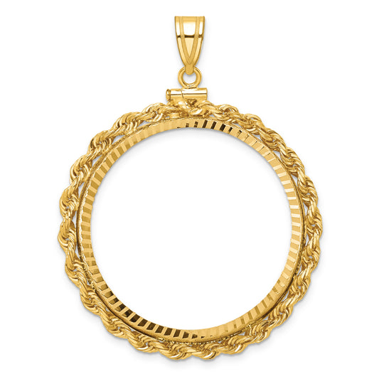 14K Yellow Gold 34.2 mm Coin Bezel Holder Pendant Charm Diamond Cut Rope Edge US $20 Dollar Liberty Saint-Gaudens Screw Top